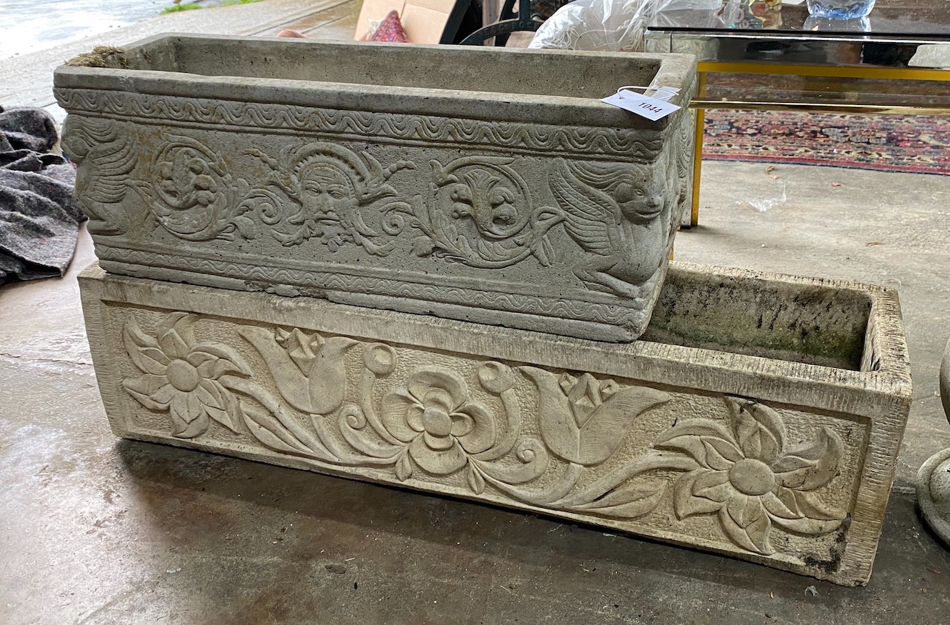 Two rectangular reconstituted stone garden planters, one with block feet, larger width 98cm, depth 25cm, height 25cm